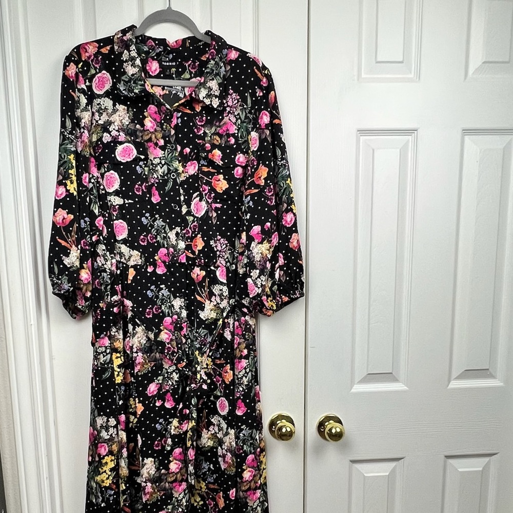 NWT 3X Torrid Black & Pink Floral Polka Dot Long Sleeve MIDI Shirt Dress